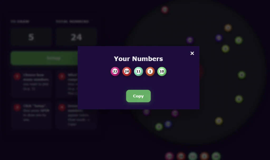 A user interface modal displaying chosen winning numbers with a copy button overlaying a dark themed Random Number Generator Wheel canvas.