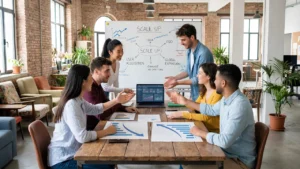 A professional corporate office team brainstorming around a wooden table with a whiteboard to highlight results when you Make Random Teams.