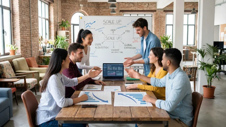 A professional corporate office team brainstorming around a wooden table with a whiteboard to highlight results when you Make Random Teams.