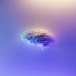 A 3D model of a human brain centered on a clean blue and purple gradient background to illustrate why humans are bad at random cognitive tasks.
