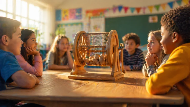 Students watching a random draw machine in a classroom to ensure fair and unbiased selection