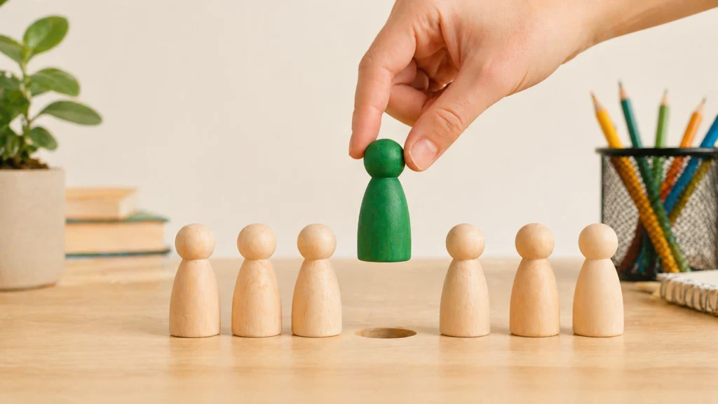 Concept of fair student selection using a random choice method represented by wooden figures