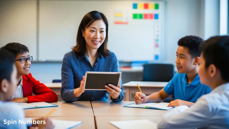 A teacher holding a tablet displaying a random selection tool to a small group of elementary students sitting around a table.