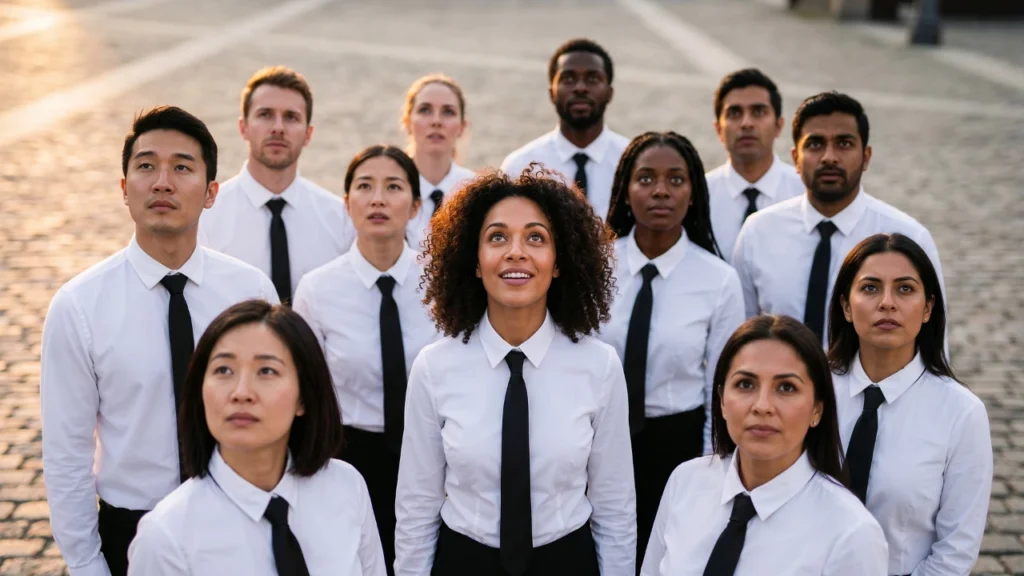 A diverse crowd of business professionals wearing identical white shirts and black ties, illustrating team composition challenges in Random vs Self Selected Groups.