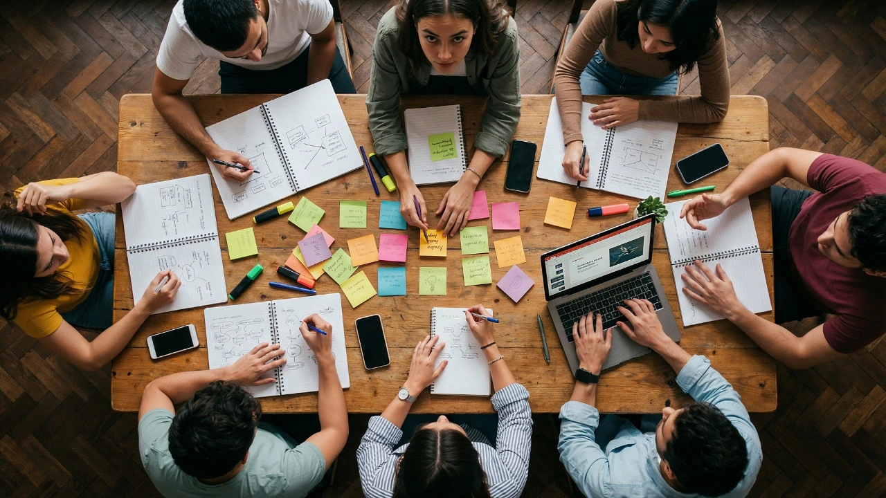 A high-angle view of a diverse team brainstorming with colorful sticky notes and a laptop to test Random vs Self Selected Groups productivity.