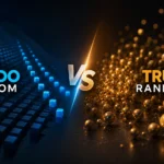 Pseudo random vs true random illustration showing algorithm-based patterns on the left and natural chaotic randomness on the right