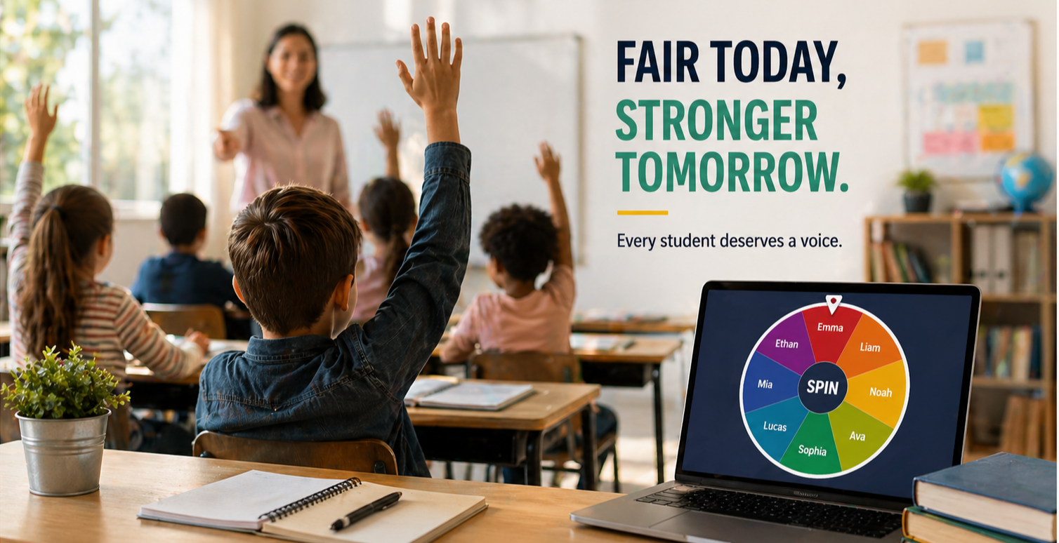 Students raising hands in a classroom while a teacher uses the Spin Numbers random name picker on screen to ensure fair participation
