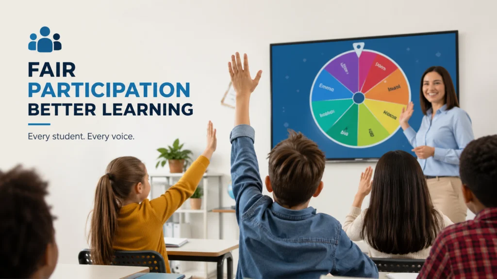 Students raising hands in a classroom while a teacher uses the Spin Numbers random name picker on screen to ensure fair participation
