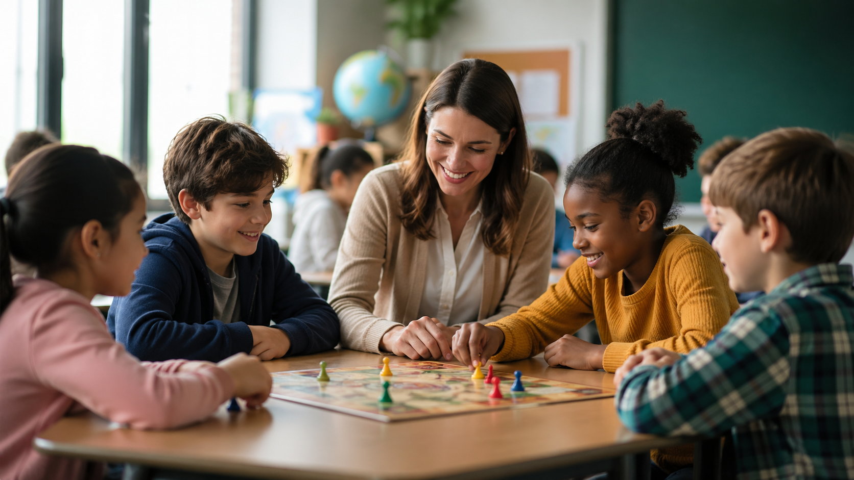 Teacher guiding students playing an educational board game in a classroom, with activities that can be enhanced using tools like Spin Numbers