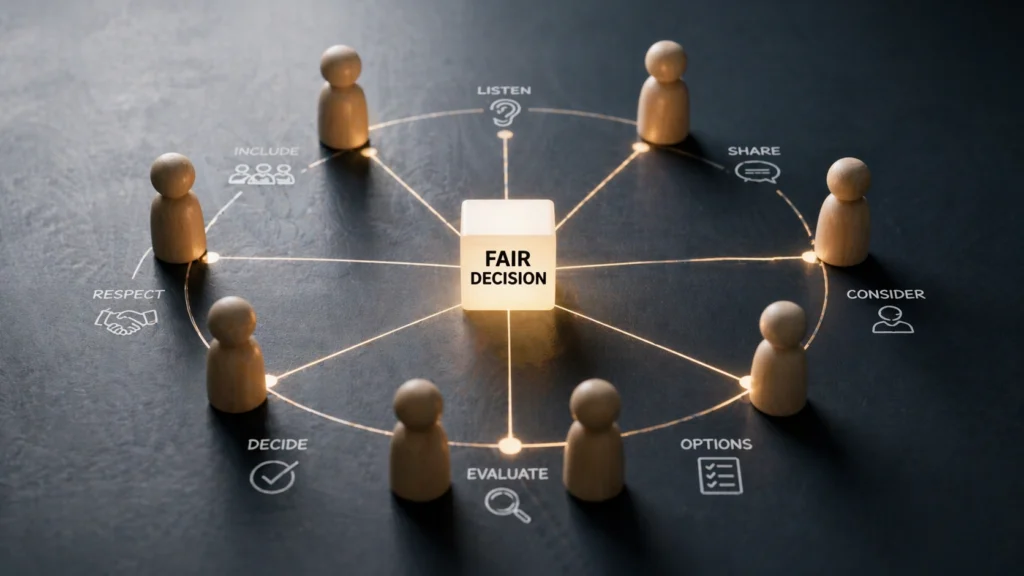 group making a fair decision process with structured steps and collaboration