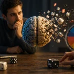 person struggling to make random choices with dice and decision tools illustrating human bias in randomness