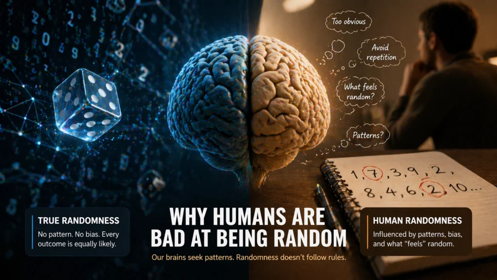 person struggling to make random choices with dice and decision tools illustrating human bias in randomness