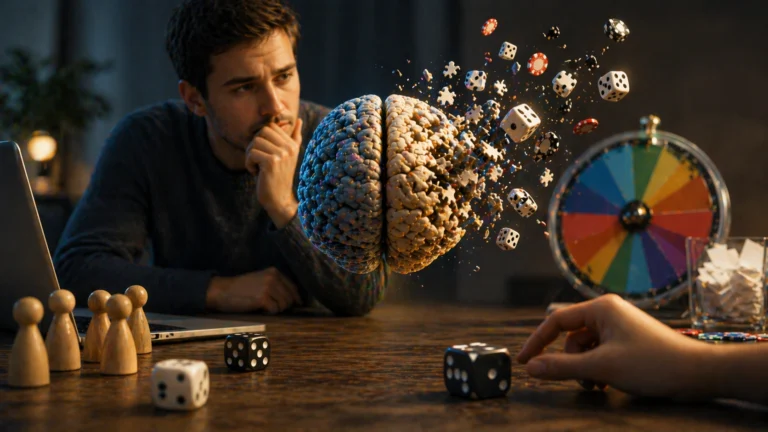 person struggling to make random choices with dice and decision tools illustrating human bias in randomness