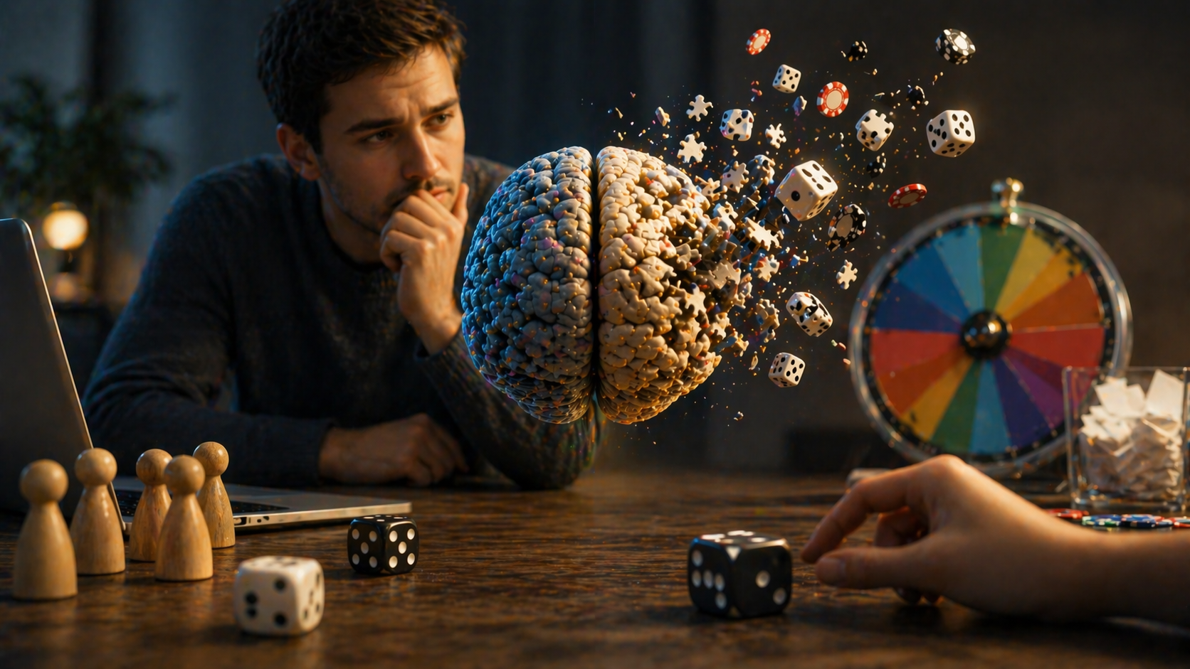 person struggling to make random choices with dice and decision tools illustrating human bias in randomness