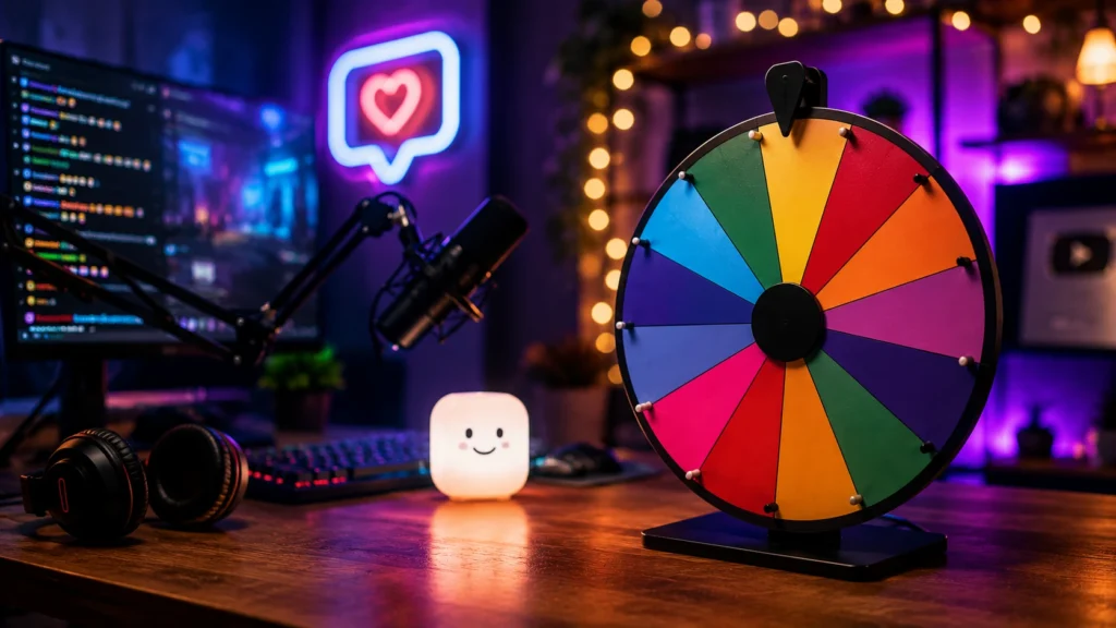 Colorful random wheels on a streamer desk with gaming equipment, glowing lights, and interactive live streaming atmosphere