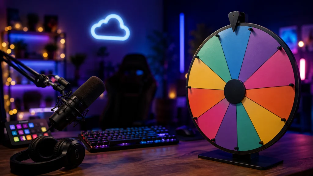 Professional streaming setup featuring a random wheels, microphone, keyboard, and RGB lighting in a modern gaming room