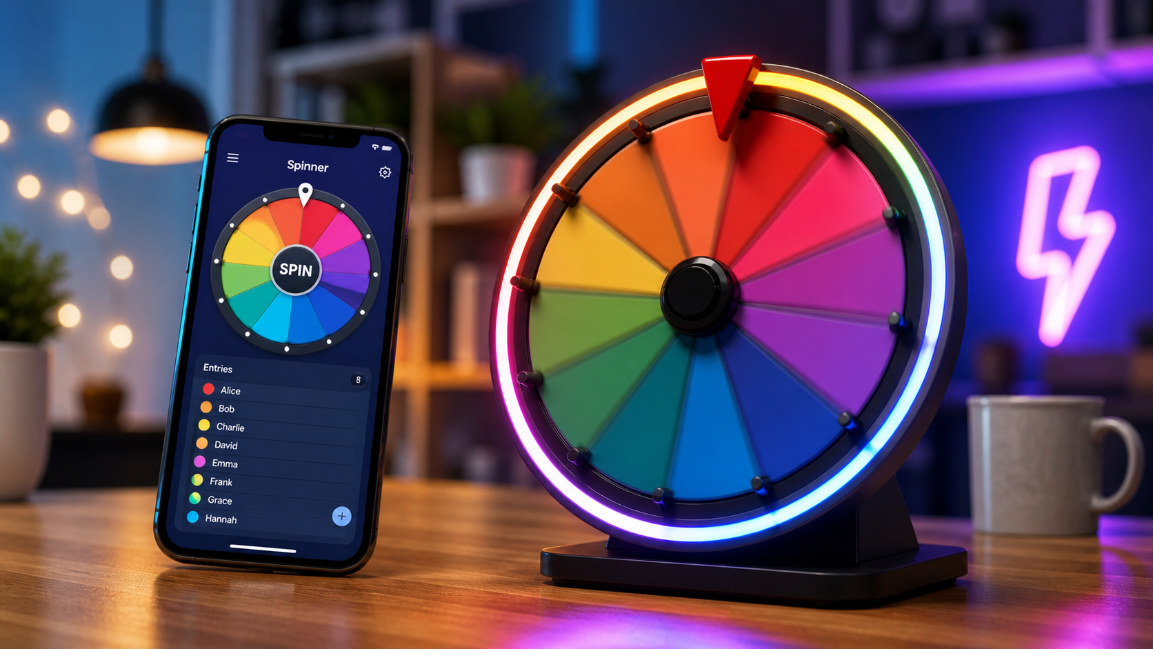 Realistic colorful spinner wheel with glowing lights on a desk in a modern workspace environment