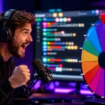 Streamer reacting excitedly to a colorful random wheels during a live gaming stream with neon lights and active chat in the background