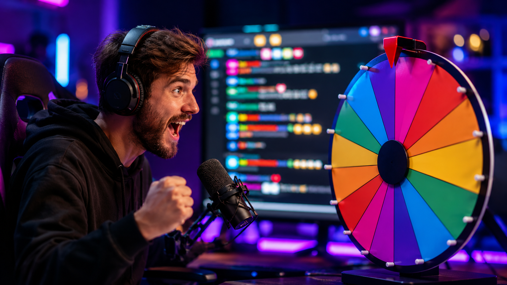 Streamer reacting excitedly to a colorful random wheels during a live gaming stream with neon lights and active chat in the background