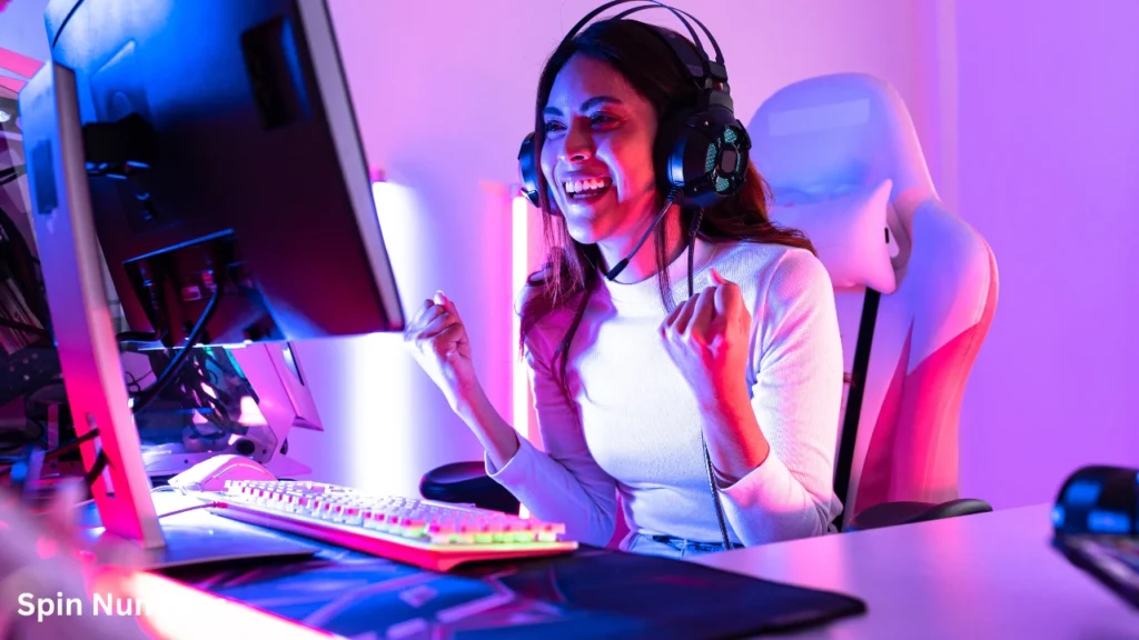 An energetic female streamer celebrating with raised fists in front of her high-end PC battle station configured with an interactive spinner wheel overlay.