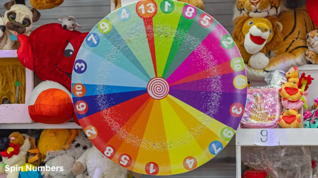 A colorful numbered prize spinner wheel surrounded by plush toys, used as a visual random picker tool to select numbers during interactive classroom games.