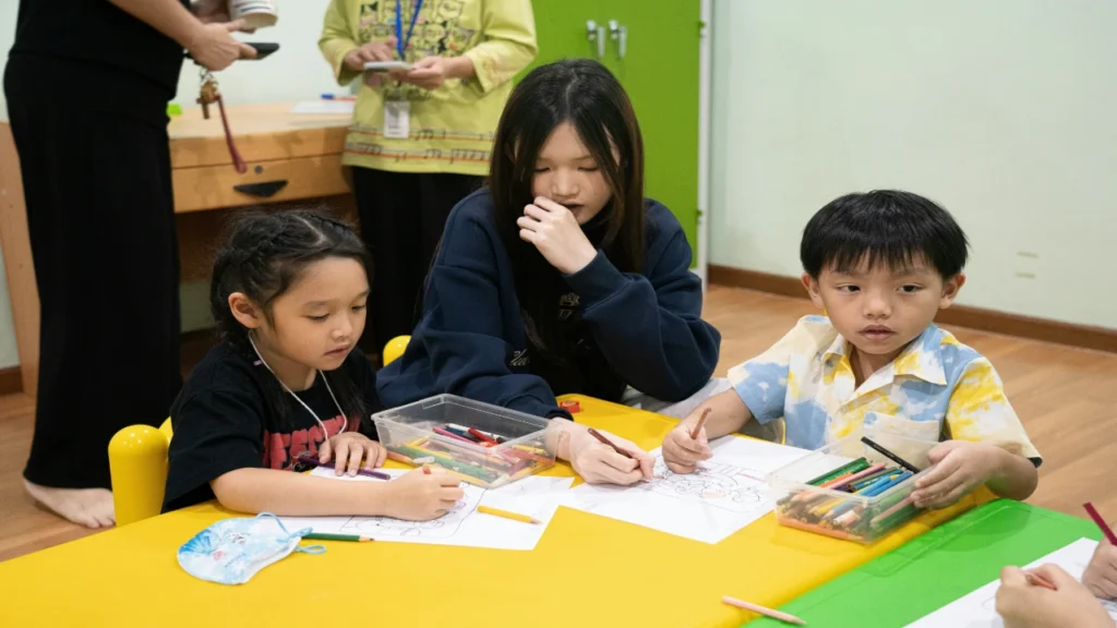 Students playing interactive classroom games in a lively elementary classroom