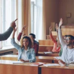 Students playing interactive classroom games in a lively elementary classroom