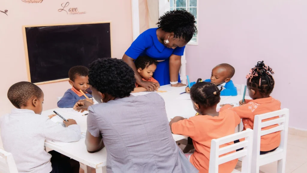 Students playing interactive classroom games in a lively elementary classroom