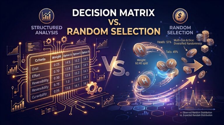 Flowchart diagram comparing decision matrix vs random selection for choices